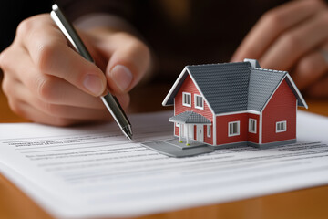 Fototapeta premium Real estate agent or realtor signing mortgage agreement for new home with couple of happy young clients. Concept of home loan and buying own property. Close up of miniature house