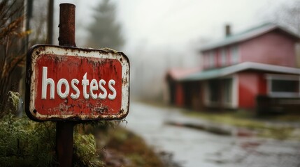 Rustic, nostalgic roadside sign with weathered lettering stands amidst lush greenery, fog, and...