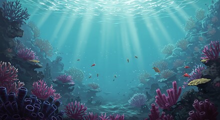 Stunning underwater coral reef scene.  Colorful fish and shrimp swim amidst vibrant coral and ocean life.