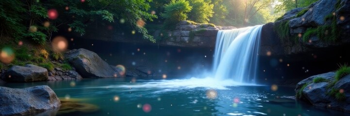 Glowing orbs falling from the sky above a tranquil waterfall pool, flowing water, natural wonder