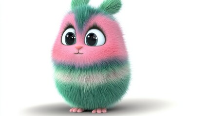 Fototapeta premium A whimsical, adorable furry creature with bright eyes and an endearing expression stands out, evoking feelings of joy, innocence, and playfulness in a colorful design.