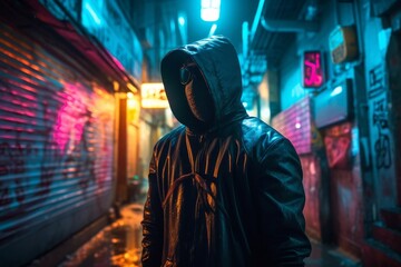Fototapeta premium A mysterious figure stands in a dimly lit urban alley, wearing a hooded jacket, evoking a sense of intrigue and suspense amidst a backdrop of neon lights.