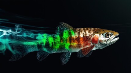 Fototapeta premium A beautifully illustrated fish glides gracefully through the dark underwater world, showcasing its vibrant colors and unique patterns that catch the eye effortlessly.