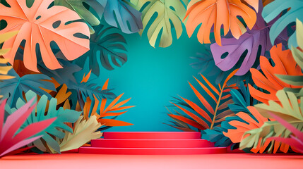 A tropical paper palm and monstera leaves frame a podium platform for product presentation