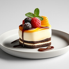 Elegant tiny gourmet dessert with vibrant fruits on a luxurious plate in studio lighting