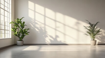 Sunlight Streaming Through Windows Highlights Indoor Plants in a Minimalist Space Showcasing Natural Light and Shadow Patterns