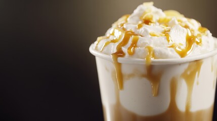A shot of a scoop of creamy ice cream topped with caramel sauce, perfect for desserts or food photography