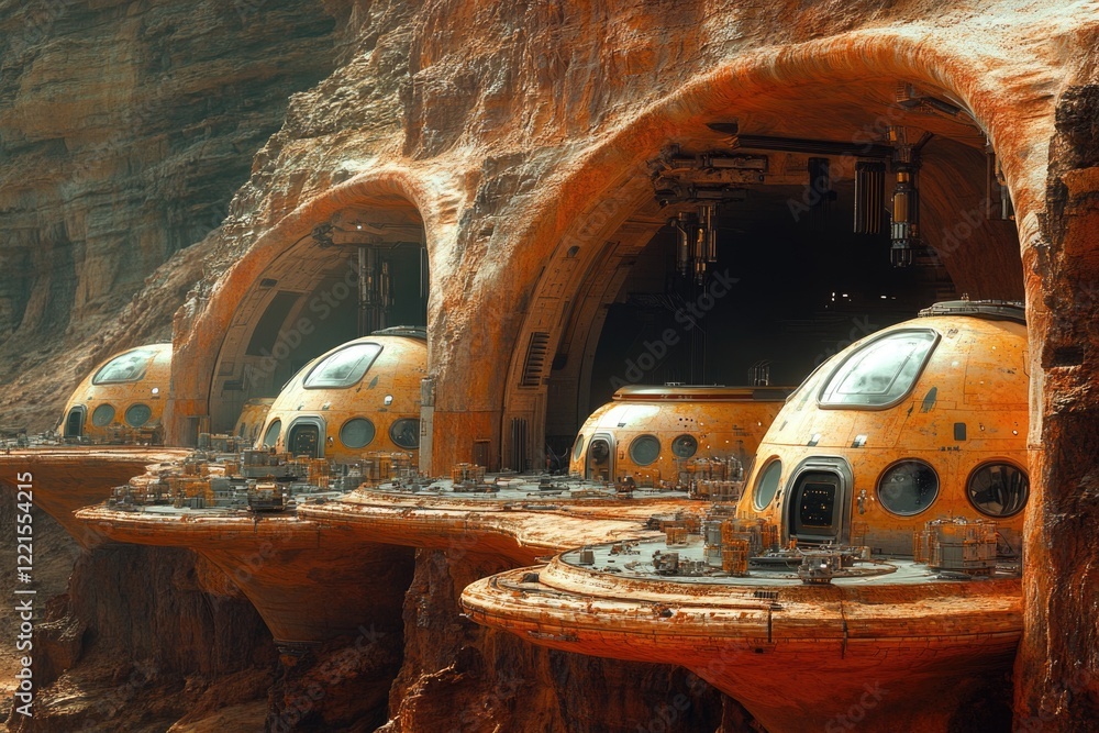Poster a group of domes perched on the edge of a cliff, possibly part of an architectural structure or futu