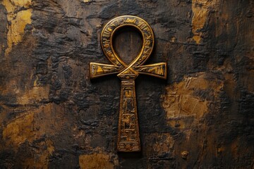 A golden ankh, an ancient Egyptian symbol, stands prominently on a rugged, dark surface, exuding historic and cultural significance and mystery.