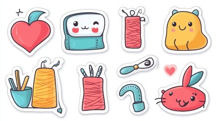 Adorable Kawaii Stickers Featuring Yarn Thread and Cute Characters