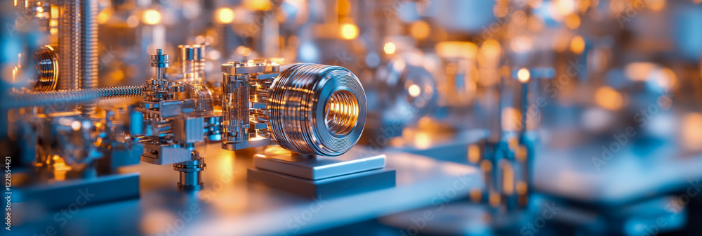 Aufkleber close-up of a complex metal apparatus with glowing components in a technological setting