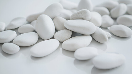 Fototapeta premium Smooth white stones arranged on a light surface. A minimalist, serene image perfect for spa, wellness, or zen-themed projects.
