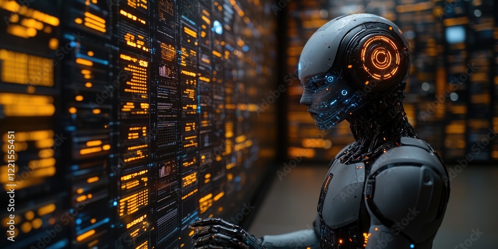 Poster a robot sitting in front of a computer screen, illuminated by the faint light