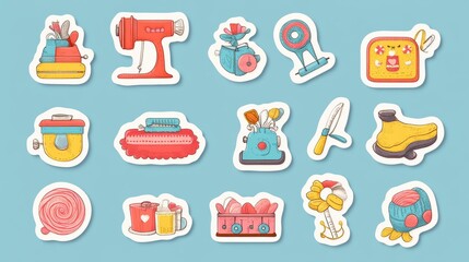 Colorful Stickers Illustrate Various Craft And Sewing Tools
