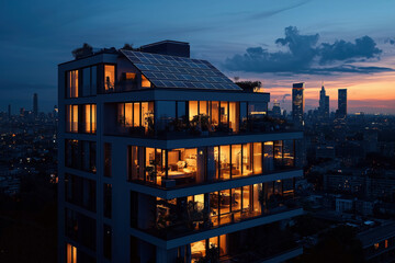 Illuminated Modern Skyscraper at Night: Cityscape View, Luxury Apartments, and Sustainable Design