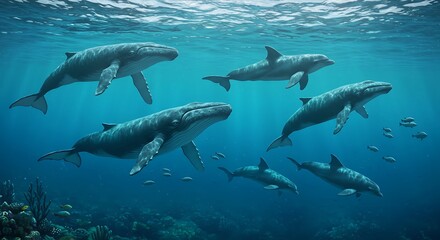 Obraz premium Stunning underwater scene with whales, dolphins, and fish in a vibrant blue sea. Humpback whales and dolphins swim near a coral reef.