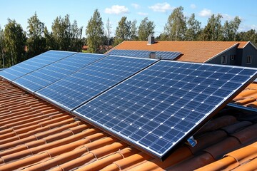 Photograph of solar panels installed on the rooftop of a residential house, suitable for environmental or sustainability-themed projects