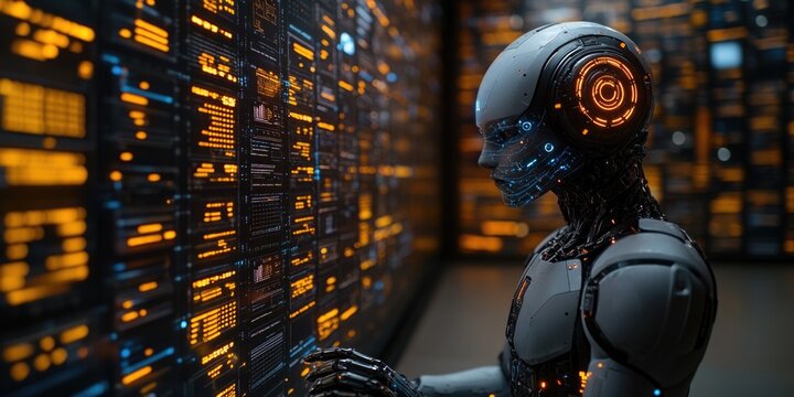 A robot sitting in front of a computer screen, illuminated by the faint light