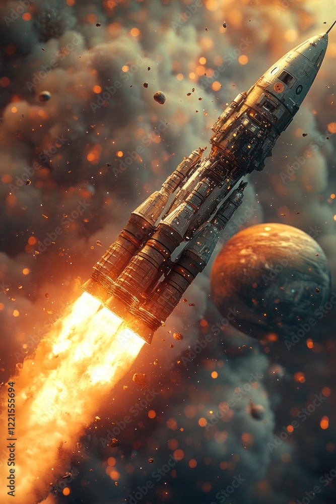 Aufkleber a rocket soaring through the sky with a distant planet in view