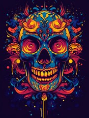 An intricate, colorful skull artwork exudes vibrant energy, showcasing ornate decorations and a...