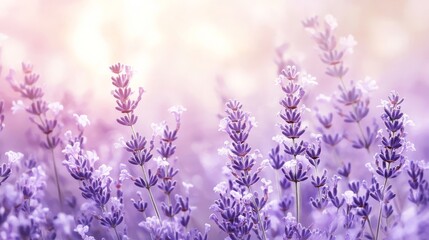 Obraz premium The image features vast lavender fields under the gentle glow of sunrise, enveloped in light purple and pink hues, evoking tranquility and the beauty of nature's calm.