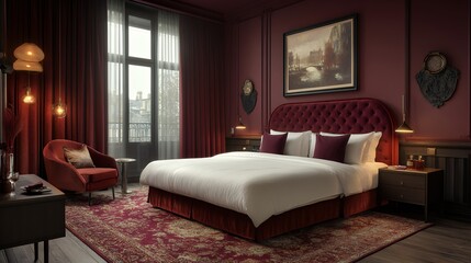 Fototapeta premium Luxurious Hotel Room With Red Decor and Elegant Furnishings in a Contemporary Setting at Dusk