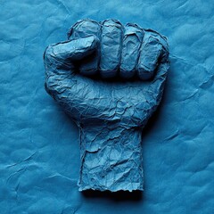 A fist made from blue paper on a blue background