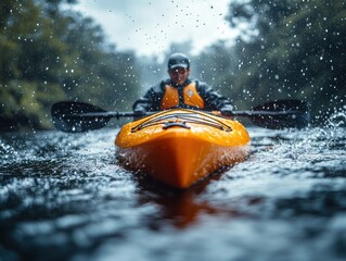 Fototapeta premium A daring adventure unfolds as a solitary kayaker fearlessly navigates a rushing river, enveloped in the dynamic interplay of water droplets and vibrant color