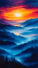 Fototapeta premium Vibrant Sunset Over Layered Mountains Showcasing Dramatic Colors and Serene Landscapes at Twilight in a Tranquil Setting