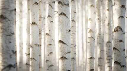 Serene birch forest, sunlight filtering through the slender white trunks creating a tranquil atmosphere.