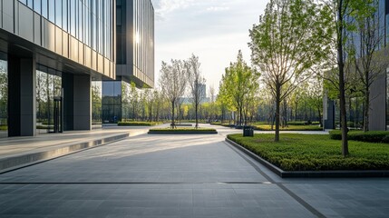Fototapeta premium Modern Urban Park in a City Featuring Sleek Architecture, Green Landscapes, and Serene Walking Paths During the Golden Hours of the Evening