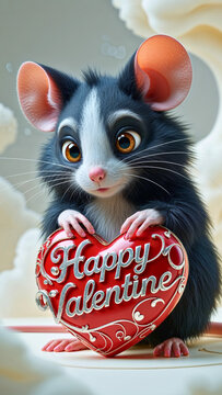 adorable, fluffy mouse with large, bright, shining brown eyes, a tiny pink nose, and soft, delicate whiskers, tenderly cradling a delicate, intricately designed red heart shape with the elegant, cursi