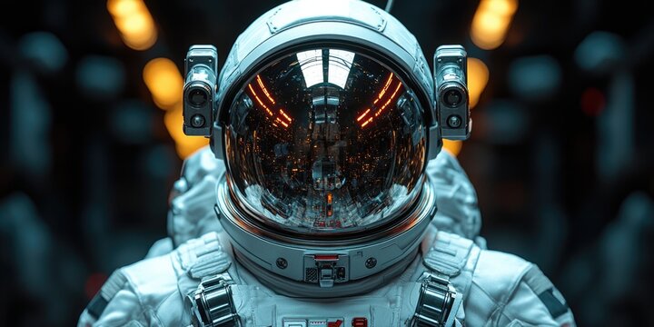 A close-up shot of a person wearing a space suit, with details on the equipment and protective gear