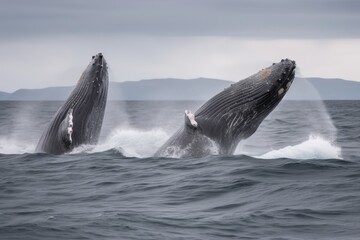 Fototapeta premium Two magnificent whales emerge from the ocean, creating a stunning spectacle with their powerful bodies and spraying water under a cloudy sky, symbolizing nature's majesty.