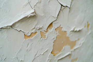 A close-up view of peeling paint on a wall, with cracks and flakes visible