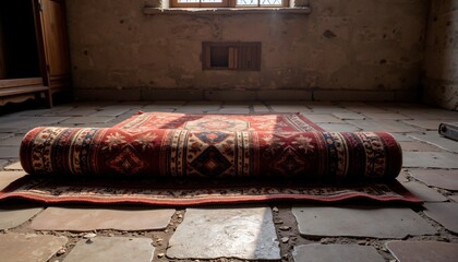 Rolled red patterned rug on stone floor in rustic interior.