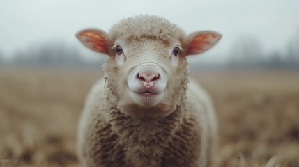 Obraz premium Close-up of a Curious Sheep Standing in a Foggy Field During Early Morning Light