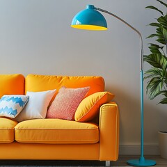 Cozy Living Room Setup Featuring a Bright Yellow Sofa and a Blue Floor Lamp in a Stylish Interior Space