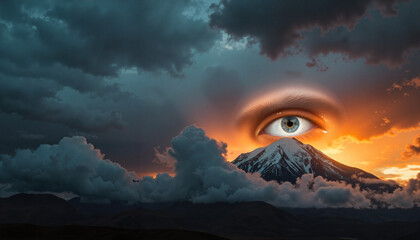 Fototapeta premium Giant eye emerging from stormy clouds at sunset, surreal fantasy