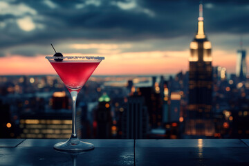 Cosmopolitan Cocktail at Sunset: Rooftop View of the City Skyline