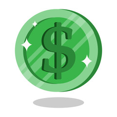Green coin symbolizing wealth and prosperity with shining effects in a simple design