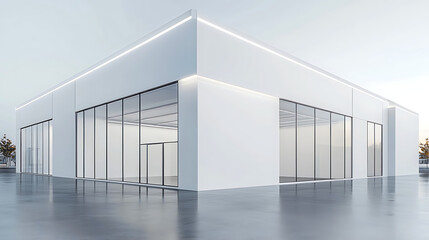 Obraz premium Modern white building with large glass windows and sleek design.