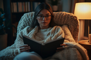 Obraz premium Woman is reading a book while sitting in a chair. She is wearing glasses and a white sweater