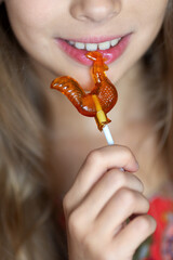 Lollipop shaped cockerel close-up. An element of Russian folklore.The girl holds a lollipop in her hand next to her lips