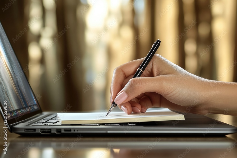 Poster a person writes notes with a pen in a notebook