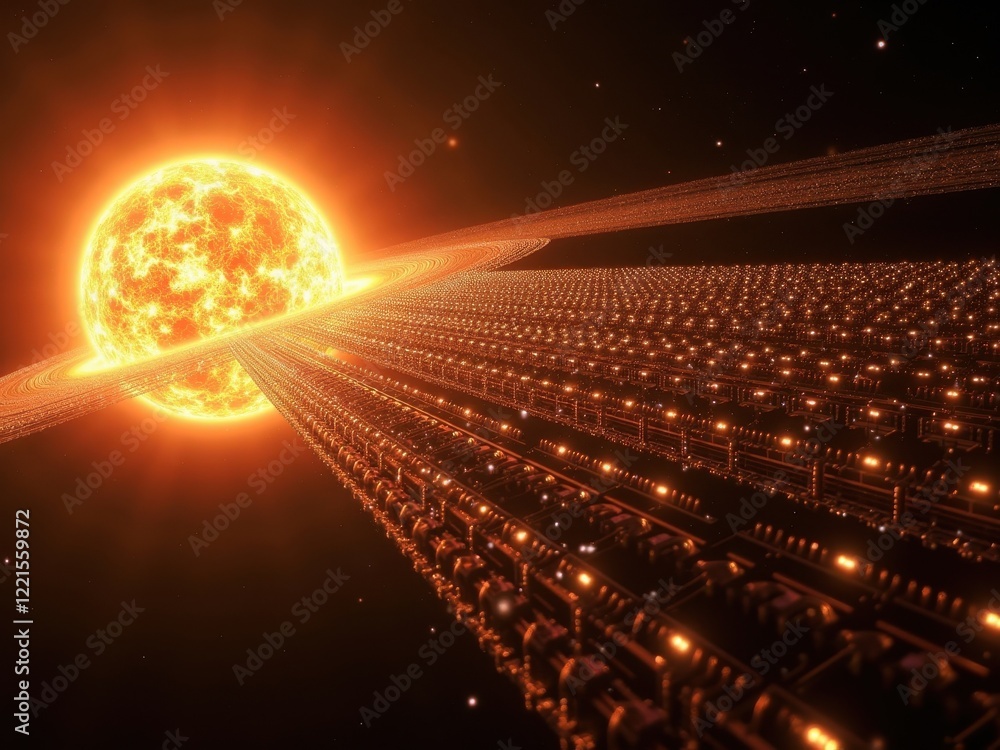 Poster visualization of a dyson sphere enveloping a star, demonstrating advanced energy collection and inno