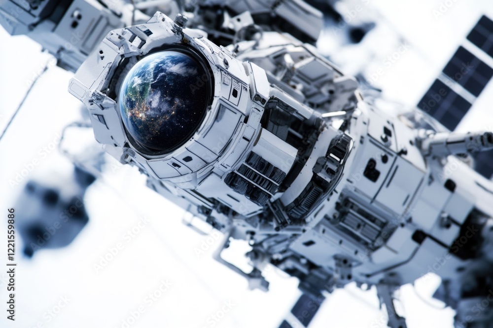 Poster a model of a space station with a distant planet in the background, suitable for sci-fi and futurist