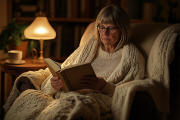 Obraz premium Woman is reading a book in a chair. She is wearing glasses and a white sweater. A cup is on a table next to her