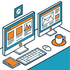Flat design of a workspace with dual monitors and a coffee cup Illustrator Artwork