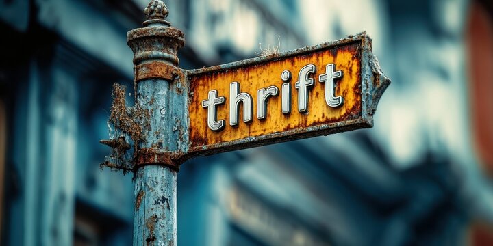 Vintage Signpost with Rustic Charm Pointing to Thrift Store, Evokes Nostalgia and Exploration in Urban Environment, Capturing Unique Urban Style